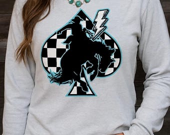 Retro Rodeo Long Sleeve Tee: Turquoise Spade, Bucking Horse, Lightning Bolt
