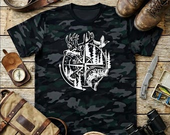 Compass Wildlife Adventure Camo Tee | Hunting Fishing Outdoors Shirt | Nature Lover Gift | Rustic Country Graphic T‑Shirt