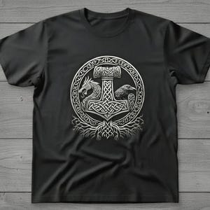 Viking Mjölnir Shirt • Norse Mythology Tee • Thor’s Hammer T‑Shirt • Nordic Knotwork Graphic • Odin Raven Dragon Shirt Pagan Viking Apparel image 2