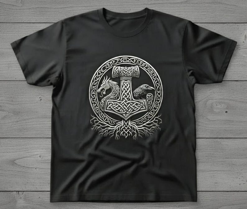 Viking Mjölnir Shirt • Norse Mythology Tee • Thor’s Hammer T‑Shirt • Nordic Knotwork Graphic • Odin Raven Dragon Shirt Pagan Viking Apparel image 2