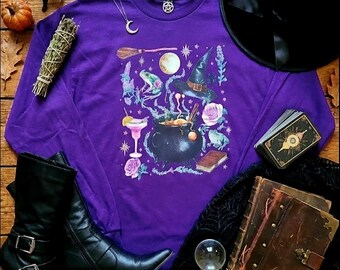 Camiseta de manga larga con caldero de bruja • Camiseta con estampado de poción mágica • Top con estética de bruja de Halloween • Camiseta de otoño para la temporada de Halloween • Luna de rana mística