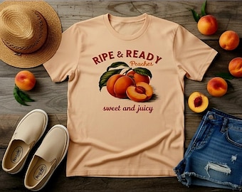 T-shirt med mogna och färdiga persikor • T-shirt med söt, saftig persika och grafik • T-shirt med retromotiv för frukt • T-shirt med sommarens frukt- och grönsaksstånd • Topp med lantlig lantmarknad