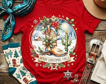Western Christmas Cowboy Boot-tröja, God Jul allihopa-tröja, Rustik julgrafik-tröja, Lantlig juloutfit, Cowgirl-jul
