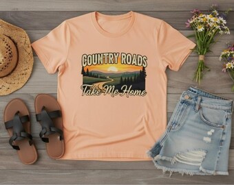Country Roads Take Me Home Shirt – Peach Scenic Graphic Tee, Western Boho Mountain Sunset T-Shirt, Nostalgic Country Road Shirt