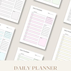 Könnte beinhalten: Ein Bundle von Tagesplaner-Blättern in fünf Pastellfarben. Jedes Blatt enthält einen Zeitplan, eine To-Do-Liste und Platz für Notizen. Der Text "DAILY PLANNER BUNDLE" und "5 COLORS" ist sichtbar.