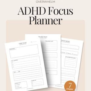 Könnte beinhalten: ADHS-Fokusplaner mit minimalistischem Design. Der Planer enthält Seiten für den täglichen Fokus, wöchentliche Resets und Fokus-Sprints. Der Text auf dem Planer enthält "Minimal, Druckbar, Keine Überforderung" und "7 Seiten".