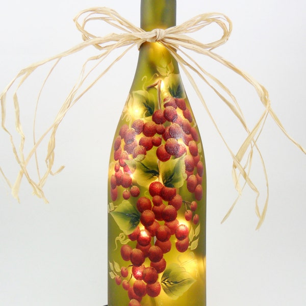 Lighted Wine Bottle Light Hand Painted Red Grapes with Gold Recycled 750ml