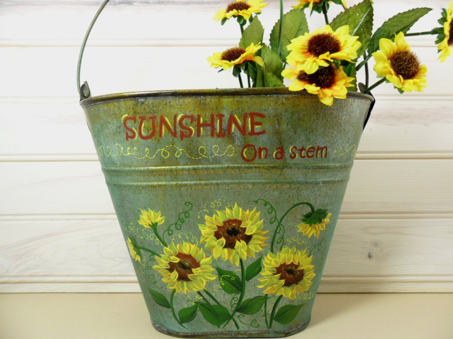 Tin Bucket Hand Painted Sunflowers Rusty Green Galvanized Oval Etsy
