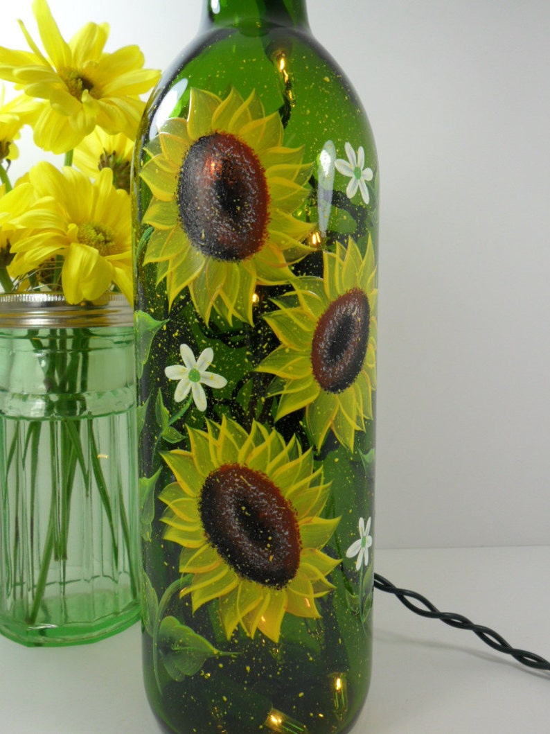 Lighted Wine Bottle Sunflowers Green Hand Painted 750 ml Etsy