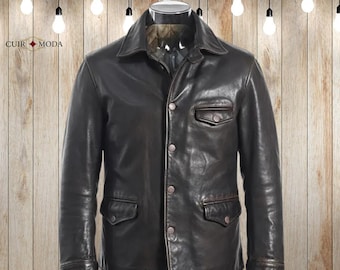 Distressed Black Cowhide Leather Biker Jacket | Handmade Cafe Racer