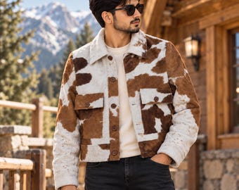 May include: A jacket featuring a brown and white cow print pattern, a classic collar, long sleeves, and two chest pockets with button closures. The garment is worn over a plain cream-colored shirt and paired with dark-colored denim jeans.