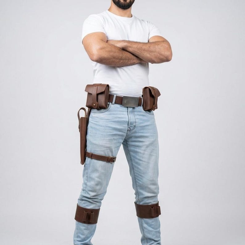 Puede incluir: Cintur&oacute;n utilitario de cuero marr&oacute;n con dos bolsillos, una funda y correas para las piernas. El cintur&oacute;n tiene una hebilla plateada y se usa con vaqueros azul claro y una camiseta blanca. Los accesorios de cuero son de color marr&oacute;n oscuro.
