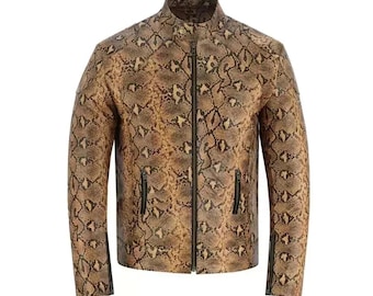 Men's Brown Python Texture Leather Biker Jacket