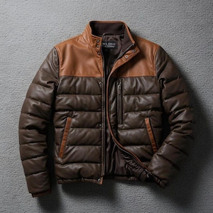 Men's Brown Puffer Leather Jacket | Two-Tone Winter Bomber | Warm Quilted Lambskin Leather Outerwear | Stylish Brown Moto Jacket