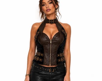 Braune Damenweste aus Rindsleder, Neckholder-Top mit Fellbesatz, Korsettweste im Western-Biker-Stil, Festival-Top aus echtem Leder