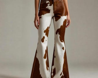 Genuine Cowhide Hair On Leather Flared Pants | Handmade Cowhide Western High Waisted Bell Bottom pants for women | Natural Hair On fur pants