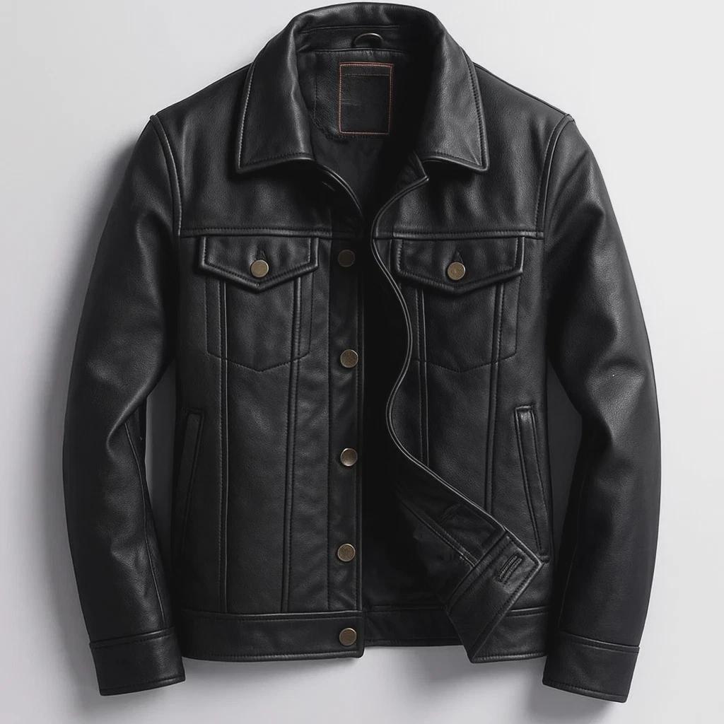 Men's Black Lambskin Leather Trucker Jacket: Handmade Biker Style