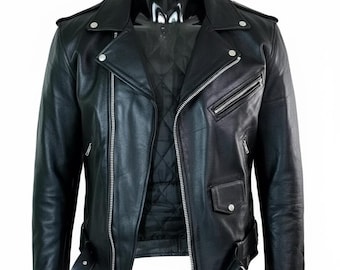 Men's Motorcycle Leather jacket Genuine Buffalo Skin Brando Style Black Biker