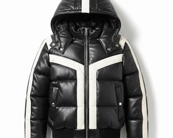 Men Two Tone Lambskin Leather Puffer Jacket: Removable Hooded Bomber Winter Coat