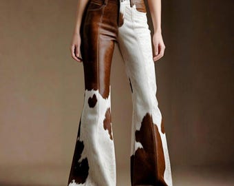 Genuine Cowhide Leather Pants for women – Handmade Brown and White Flared Trousers – Western Rodeo Outfit for Women