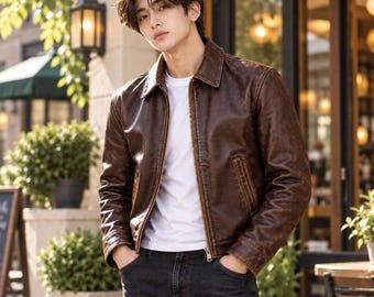 Könnte beinhalten: Eine braune Lederjacke mit Used-Optik, klassischem Kragen und Frontreißverschluss, getragen über einem schlichten weißen T-Shirt und einer dunkelgrauen Jeans. Die Jacke hat lange Ärmel mit Bündchen und zwei seitliche Taschen auf Taillenhöhe.