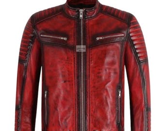 Motorcycle Red Leather Jacket | Biker Style Men's Outerwear