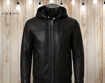 Men's Black Lambskin Leather Hoodie | Slim Fit Hooded Jacket