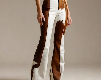 Premium Women’s Cowhide Leather Pants | Western High-Waist Bootcut Trousers | Handmade Fur Patchwork Leather Jeans | Cowhide Hair On Pants
