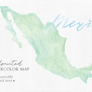Puede incluir: Mapa de México en acuarela pintado a mano, en tonos verdes, con la palabra "Mexico" en escritura azul claro. Un pequeño corazón rosa marca un lugar. El texto "handpainted WATERCOLOR MAP" está debajo.