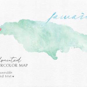 May include: A hand-painted watercolor map of Jamaica in shades of teal and light blue, with a small pink heart marking a location. The word "Jamaica" is written in cursive. The text "handpainted WATERCOLOR MAP" is also included.