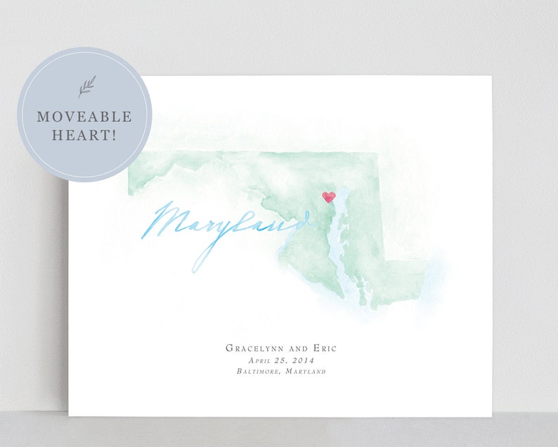 Watercolor Wedding Map Anniversary Map Maryland Watercolor Map Destination Map Print Honeymoon Map Personalized Watercolor Map