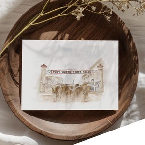 Pintura de acuarela de Fort Worth Stockyards: Impresión artística de los Texas Longhorns