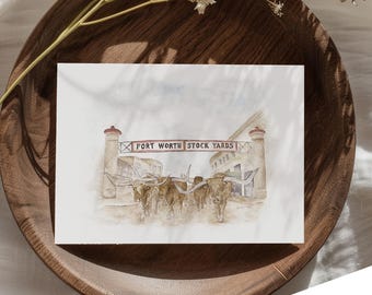 Fort Worth Stockyards Watercolor Painting: Texas Longhorns Art Print