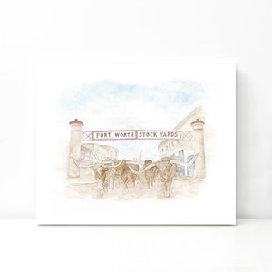 Fort Worth Stockyards aquarel kunstafdruk: Cowtown Texas (digitale download)