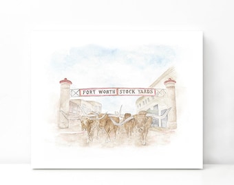 Fort Worth Stockyards Watercolor Art Print: Cowtown Texas (Digital Download)