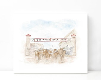 Fort Worth Stock Yards Digital Watercolor Art Print | Watercolor Painting | Fort Worth Texas Watercolor | Sundance Square Digital Print