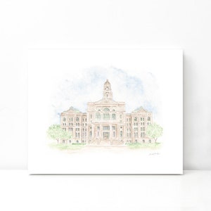 Stampa artistica digitale ad acquerello del tribunale della contea di Tarrant / Stampa digitale ad acquerello / Acquerello di Fort Worth Texas / Pittura quadrata di Sundance