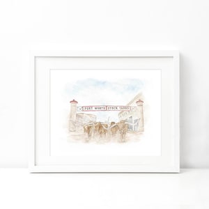 Fort Worth Stock Yards Aquarell Kunstdruck | Texas Longhorns Aquarell Malerei | Fort Worth Texas Aquarell | Sonnentanz Quadrat Gemälde