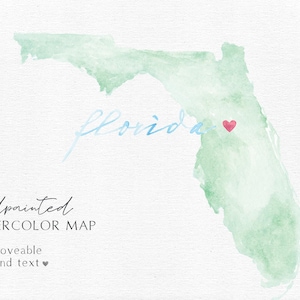 Puede incluir: Mapa de acuarela de Florida en tonos verdes, con la palabra "Florida" en escritura azul claro. Un pequeño corazón rojo marca una ubicación. El texto "handpainted WATERCOLOR MAP" está debajo.