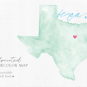 May include: Watercolor map of Texas in shades of green, with a red heart and the word "Texas" in light blue script. The text "handpainted WATERCOLOR MAP" is below the map, with additional text about a moveable heart and text.