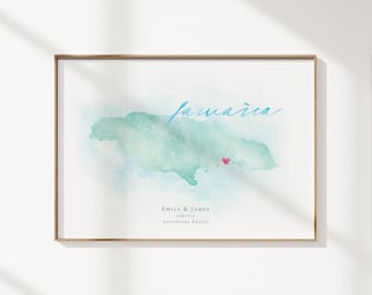 Jamaika Aquarell Karte Kunstdruck: Personalisiertes Reise-Souvenir