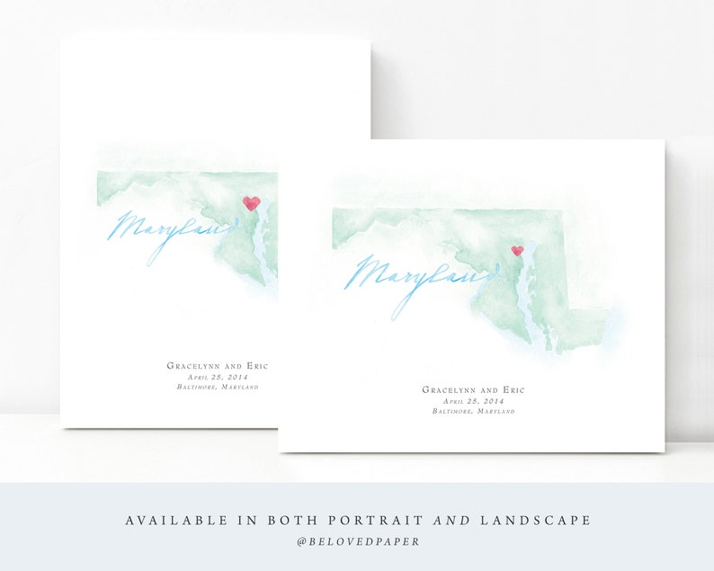 Watercolor Wedding Map Anniversary Map Maryland Watercolor Map Destination Map Print Honeymoon Map Personalized Watercolor Map
