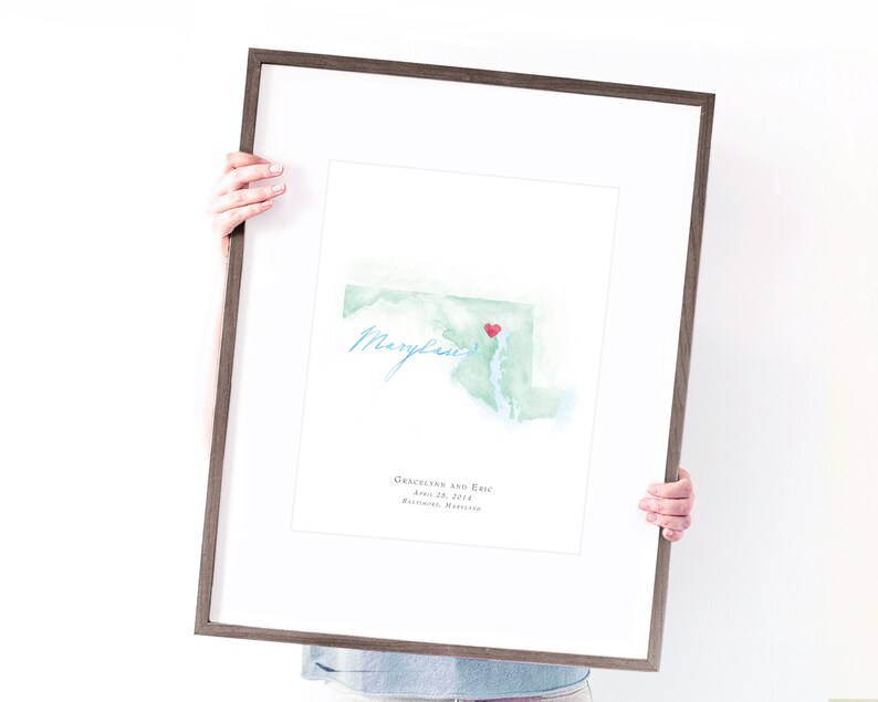 Watercolor Wedding Map Anniversary Map Maryland Watercolor Map Destination Map Print Honeymoon Map Personalized Watercolor Map