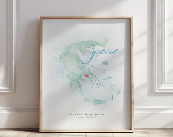 Greece Watercolor Map Art Print: Personalized Wedding or Military Gift