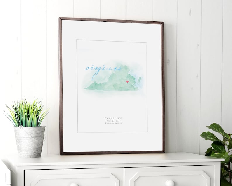 Destination Map Print Personalized Watercolor Map Watercolor Wedding Map Canvas Virginia Watercolor Map Canvas Art Print