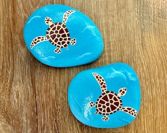 Sea Turtle Rock, Hand Painted Ocean Blue Beach Stone