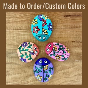 Ladybug Rocks, Custom Hand Painted Colorful Floral Garden Stones