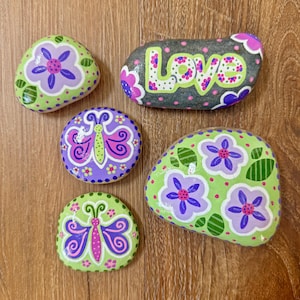 Floral and Butterfly Rocks, Hand Painted Summer Garden Stones