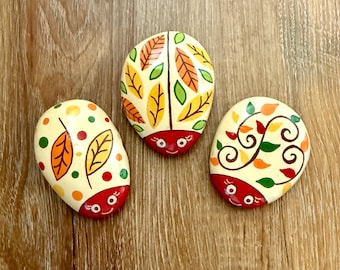 Fall Ladybug Rocks, Hand Painted Festive Autumn Stones for Gifts and Decoration