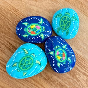 Sea Turtle Rock: Hand-Painted Blue Beach Stones